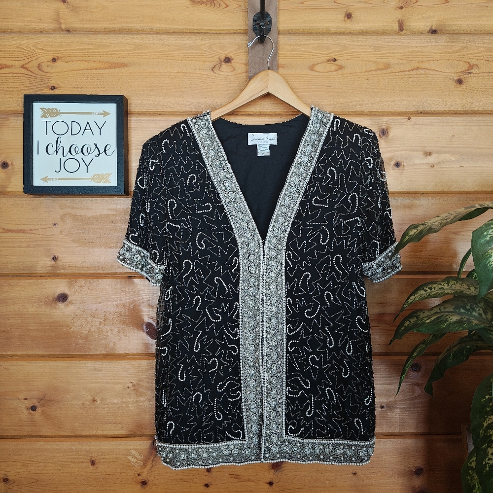 Laurence Kazar NY Vintage 100% Silk Black Beaded Pearls Jacket Formal Top Size M